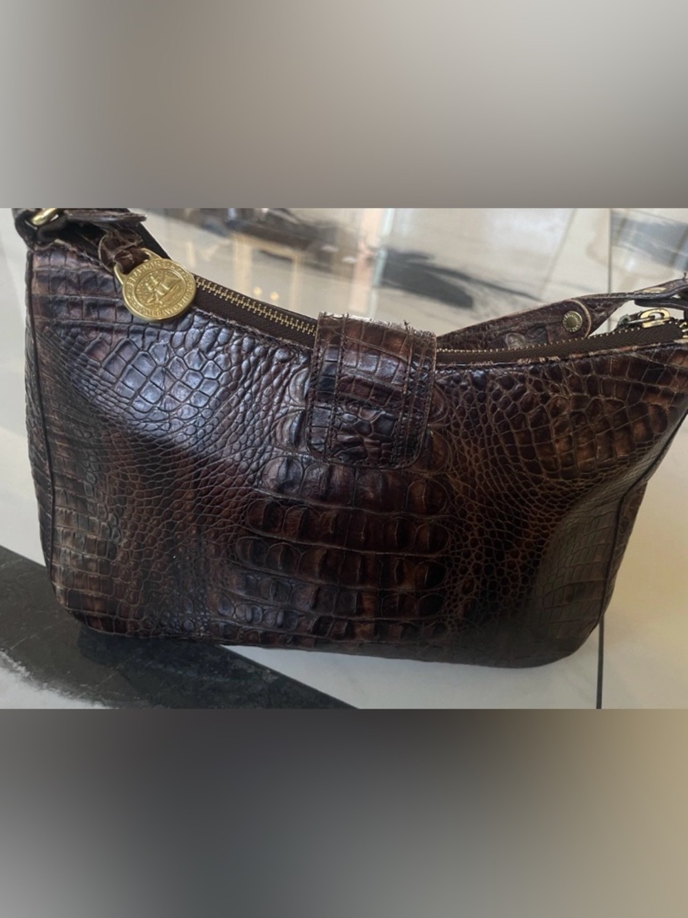 Brahmin Dark Brown Croc-Embossed Leather Shoulder Bag - Picture 2 of 10